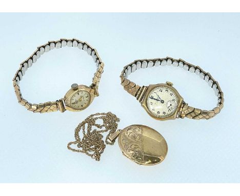 9CT GOLD ENGRAVED OVAL LOCKET on fine 9ct gold chain, 6.5gms, together with two ladies wristwatches both with 9ct gold heads,