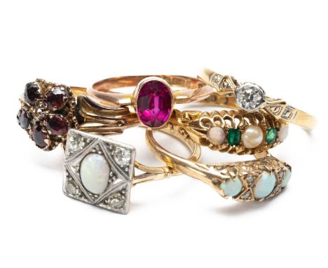 SIX ASSORTED GOLD RINGS, comprising 9ct diamond and opal ring, 18ct mother of pearl, pearl, and emerald ring, 9ct ruby ring, 