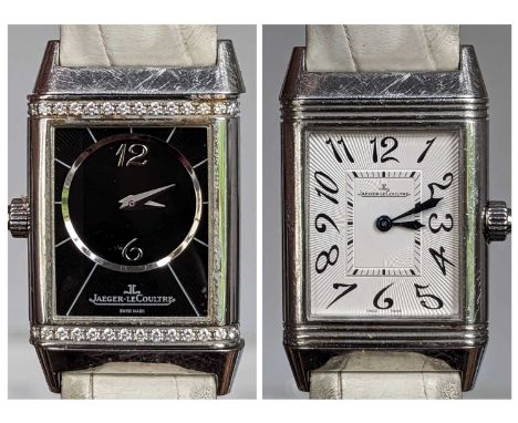 JAEGER LECOULTRE LADY'S STAINLESS STEEL 'REVERSO' WRISTWATCH, diamond borders, night and day dials, signed Jaeger LeCoultre '