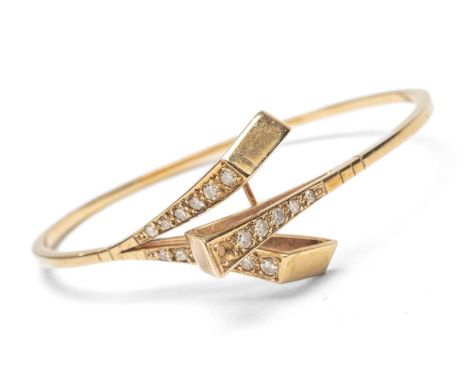 9CT GOLD DIAMOND SET BANGLE, geometric design terminals, hook and bar clasp, 13.3gmsProvenance: deceased estate Vale of Glamo