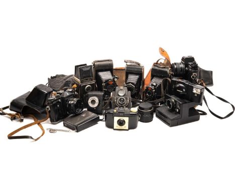 MIXED COLLECTION OF SLR, BELLOWS & INSTAMATIC CAMERAS, including Praktica BC1 electronic camera with Prakticar 50mm lens, Zen