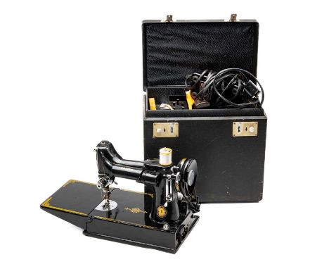 RARE SINGER PORTABLE ELECTRIC SEWING MACHINE MODEL 221K1, complete in original case, with original instruction manual, sewing