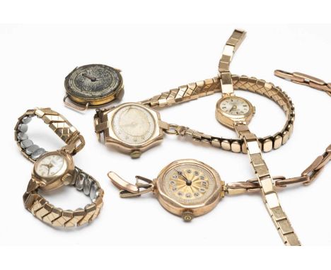 FIVE 9CT GOLD WRISTWATCHES comprising Rotary 9ct gold wristwatch with integrated 9ct gold bracelet, 9ct gold wristwatch with 
