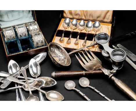 18TH CENTURY SILVER TODDY LADLE & ASSORTED ELECTROPLATE, the ladle with twisted handle, oval bright-cut and engraved bowl wit