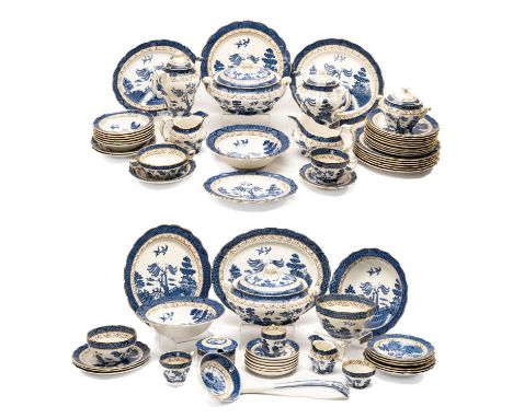 BOOTHS 'REAL OLD WILLOW' PATTERN PART DINNER SERVICE, including tureens, oval platters, soup ladle, cups, saucers, soup bowls