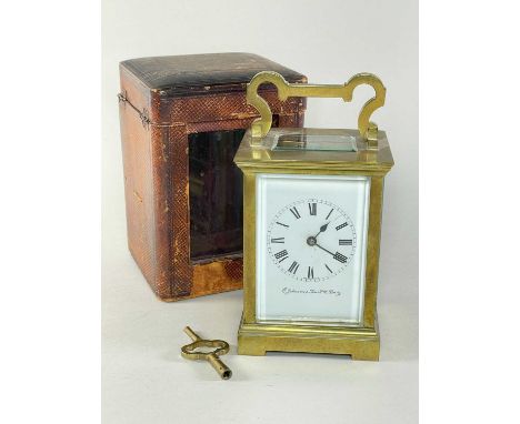 GILT BRASS FIVE-GLASS CARRIAGE CLOCK, E. Johnson & Son, Derby retailers mark to the Roman enamel dail, bevelled glass, 17.7cm