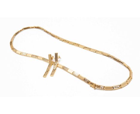 14K GOLD PANEL NECKLACE & MATCHING EARRINGS, the necklace 43cms long and stamped '585', the butterfly backs stamped '585', 15
