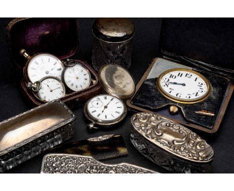 ASSORTED SILVER, various dates, including three powder boxes, silver and simulated tortoiseshell comb in engine turned case, 