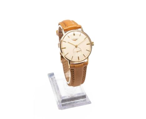 LONGINES 9CT GOLD GENTS WRISTWATCH, c. 1962, manual wind, champagne dial, baton numerals, subsidiary seconds, later Longines 