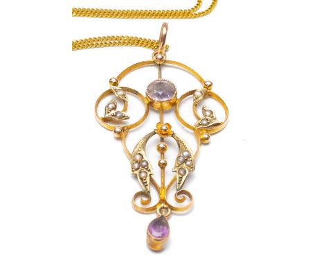 YELLOW METAL EDWARDIAN-STYLE PENDANT, set with amethyst and seed pearls on 9ct gold chain, 4.7gms, in vintage brooch boxProve