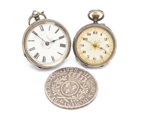 TWO SWISS SILVER FOB WATCHES, one 19th Century, with manual wind, black enamel Roman numerals, foliate engraved case with bla