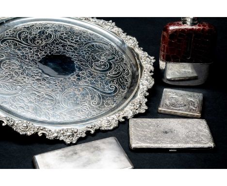 ASSORTED ELECTROPLATE, comprising foliate engraved salver, 43cms diam., electroplated and leather spirit hipflask, foliate en