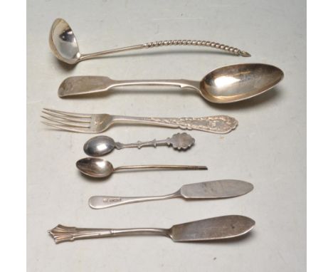 A collection of antique and 20th Century silver flatware to include a Victorian Charles Lias fiddle pattern basting spoon (ha