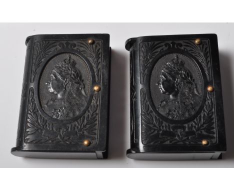 A pair of antique 19th century Victorian jet vesta cases having a portrait of Queen Victoria in profile and VR to verso.