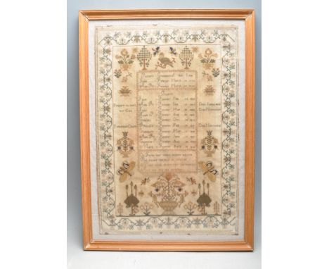 A George III needlepoint sampler with central panel of family members dating the tree from 1778 to 1825 for the Fowler family