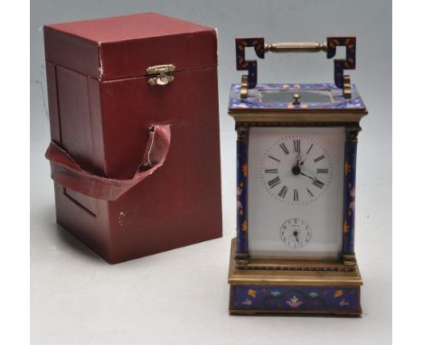 A 20h century French floral turquoise enamel brass case 8 day repeater carriage clock having white enamel dial with Roman num