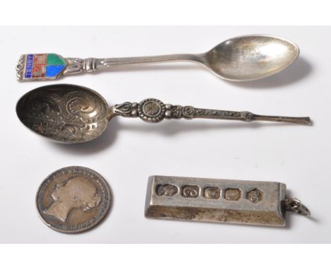 A collection of 20th century vintage hallmarked sterling silverware comprising of a silver ingot pendant bearing hallmarks fo