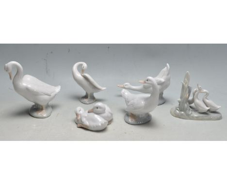 A collection of six late 20th century porcelain animal figurines by Nao &amp; LLadro comprising of ducks and geese. Stamped t