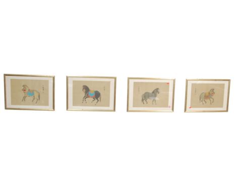A collection of four mid 20th century vintage Chinese Republic period silk polychrome paintings of horses. Chinese characters