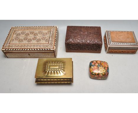 A collection of vintage Indian, Islamic and Persian jewellery / trinket boxes comprising of a bone inlaid box, a profusely ca