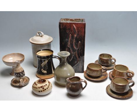 A collection of retro vintage late 20th century studio art pottery to include an Aylesford Pottery tea set, Briglin candlesti