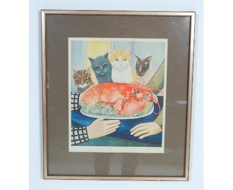 After Beryl Cook (1926-): A framed and glaze ' Four Hungry cats and a Lobster '  lithograph signed limited edition print  wit