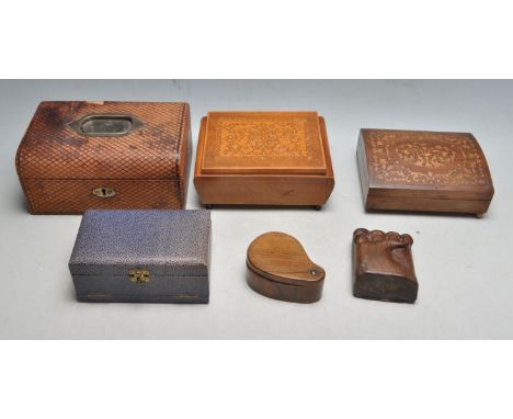 A large collection of vintage mid 20th century trinket boxes comprising of an Italian style inlaid box, a faux leather bound 