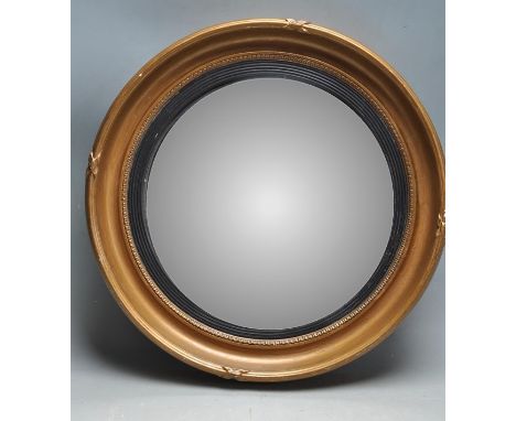 An early 20th century Regency revival gilt framed porthole convex mirror - fisheye glass mirror. The gilt frame with ebonised