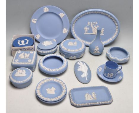 A collection of 20th century Wedgwood Jasperware pottery / ceramic ware to include trinket boxes of various forms and sizes, 