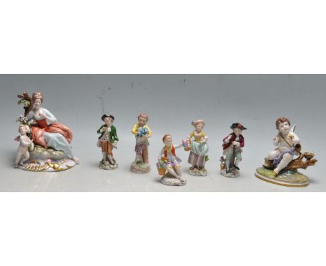 A collection of seven 20th century vintage porcelain figurines to include Dresden, Sitzendorf, Naples (Capodimonte) and more.