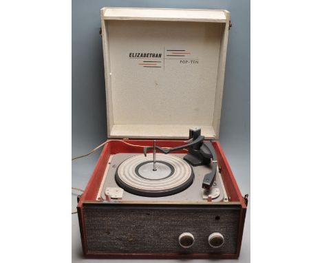 A vintage retro 1960s Elizabethan Pop Ten portable record player in a red and cream colourway. In original case.&nbsp;