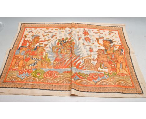 A large early 20th century antique Indian hand painted linen cloth panel, painted with many figures and typical imagery. Both