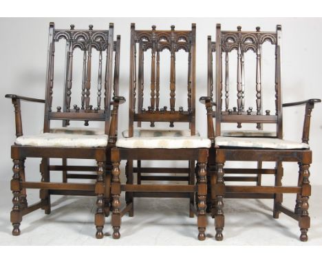 A set of six 1930’s Old Colonial Ercol dining chairs. The set comprising of two carver chairs and four standard dining chairs