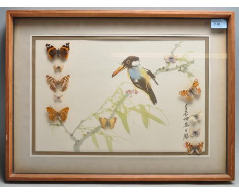 Of taxidermy and natural history interest vintage 20th century Japanese oriental print of a kingfisher sitting on a branch wi