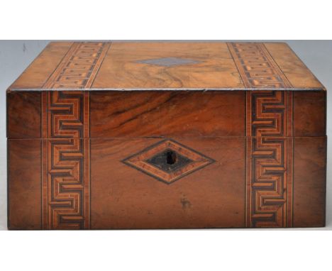 A 19th century Victorian walnut tea caddy / chest / trinket box having inlaid boxwood Greek key banding and a central metal l