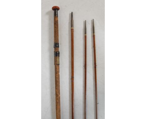 A vintage early 20th century P.D. Malloch&nbsp;wooden modular fishing rod having three sections with a pare top section along