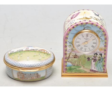 A collection of two Halcyon days cabinet enamel ware to include a miniature Halcyon days clock “ The Metropolitan opera “ hav