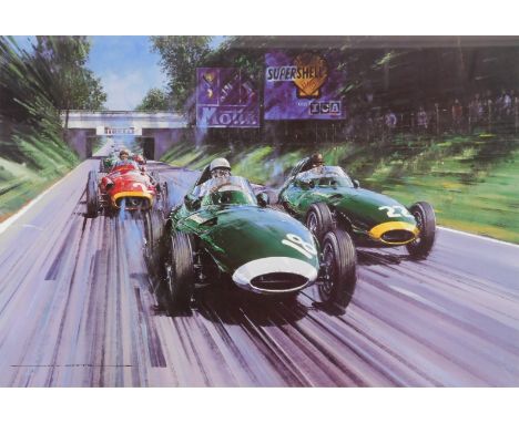 After Nicholas Watts. British Racing Green, signed limited edition print 226/750, bearing further signatures for Tony Brooks,