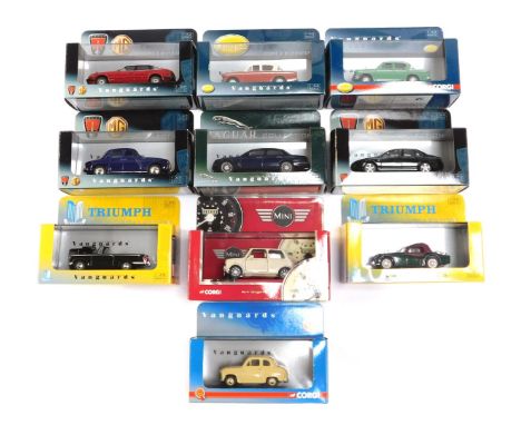 Ten Vanguards Lledo diecast vehicles, comprising Rover P4 midnight blue, Triumph TR3 racing green, Jaguar XJR Pacific, A35 sa