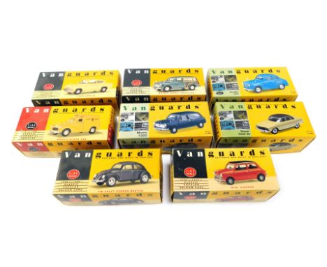 Eight boxed Vanguards models, comprising yellow Anglia, Automobile Association, almond Rover 3500 V8, black Beetle, red/black