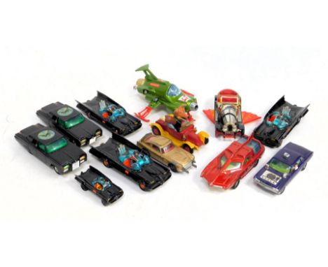 Corgi and Dinky diecast vehicles, play worn, including Corgi 267 Batmobile, The Green Hornet's Black Beauty, The Man from Unc