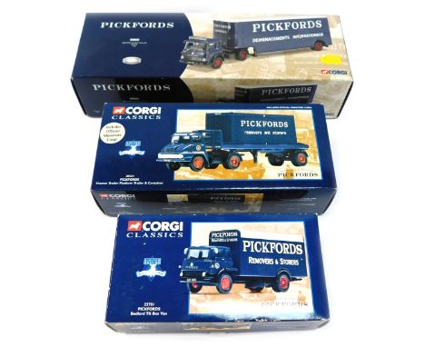 Three Corgi Classics Pickfords vans, comprising a Bedford TK box van, Thames Trader platform trailer and container, and a Bed