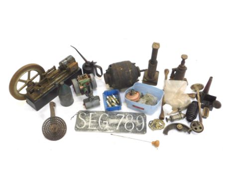 A group of automobile parts, to include pair of axle stands, motor wheel balance and a grease gun. (1 box) 