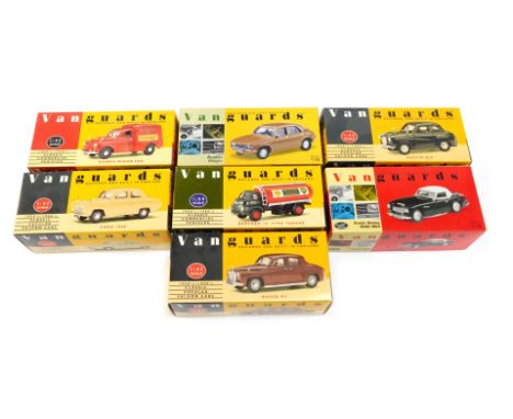 Seven diecast Vanguard models, 1:43 scale, comprising Royal Mail, Conway yellow 100E, maroon Rover, Austin Healey 3000 mark 2