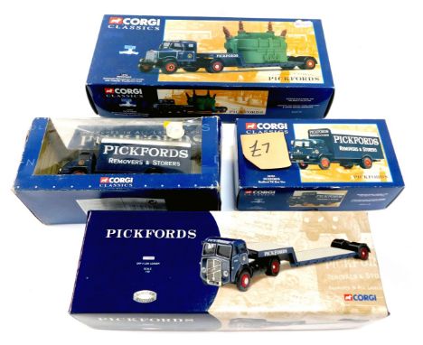 Corgi Classics Pickfords trucks, comprising a Pickfords Bedford TK box van, an ERF V low loader, Thames Trader box van, and a