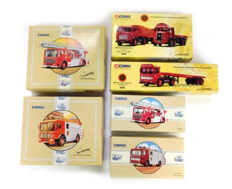 A group of Corgi diecast fire engines, comprising an AEC pumper Hertfordshire, The Nottingham AEC pump escape fire engine, AE