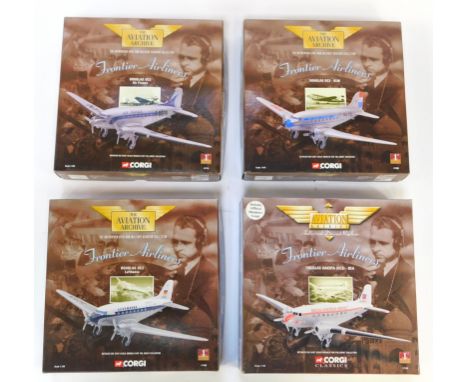 Four Corgi Aviation Archive diecast models, 1:144 scale, comprising Douglas DC3 Lufthansa, Douglas Dakota (DC3)-BEA, Douglas 