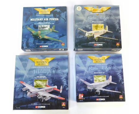 Four Corgi Aviation aircraft diecast models, 1:144 scale, comprising Berlin Airlift Douglas Dakota-RAF, Military Air Power Do