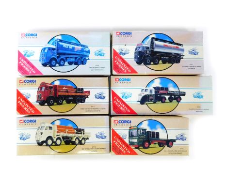 A group of Corgi Classics diecast vehicles, comprising an ERF flat bed, Foden flat bed with barrel and chains, an ERF cylindr