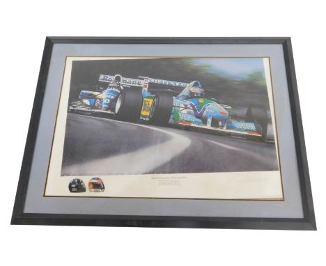 After Gavin MacLeod. Michael Schumacher, Down to the Wire, artist signed print, of Michael Schumacher's Benetton B194 and Dam
